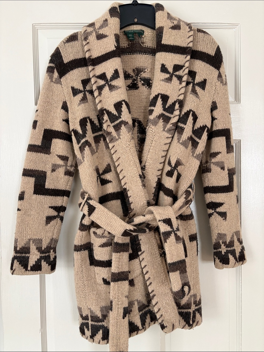 Vintage Ralph Lauren Beige and Brown Shawl-Collar Patterned Cardigan (XS) - Picture 2 of 4